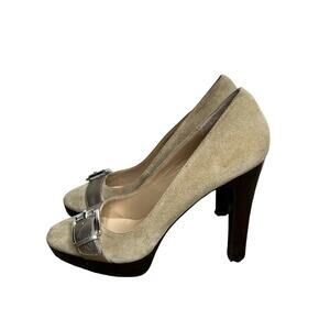 MICHAEL MICHAEL KORS Suede Buckle Toe Platform Heels Tan & Silver Size 9.5